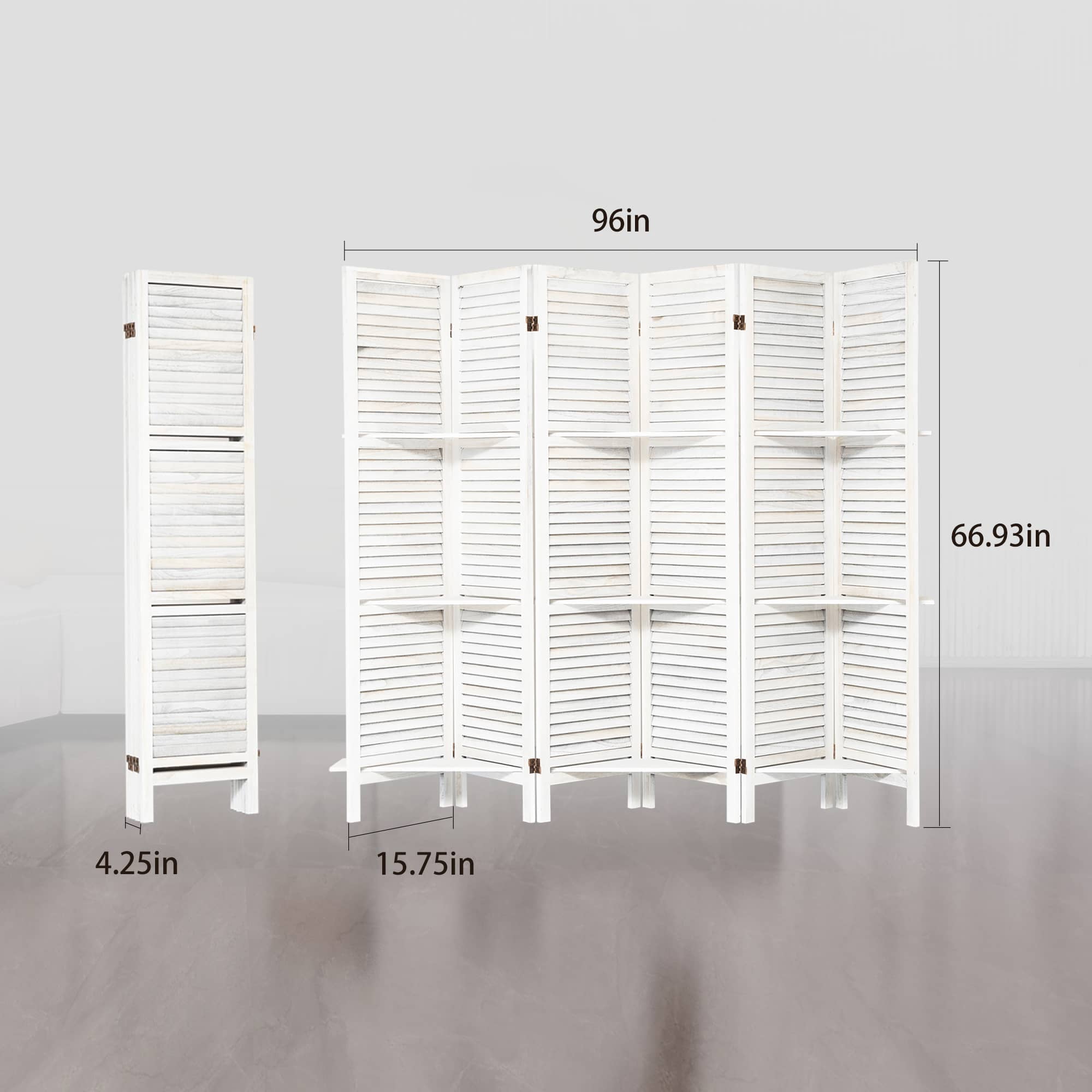 MAYEERTY 6 Panel Room Divider with Display Shelves, Freestanding Wood Privacy Screen, White
