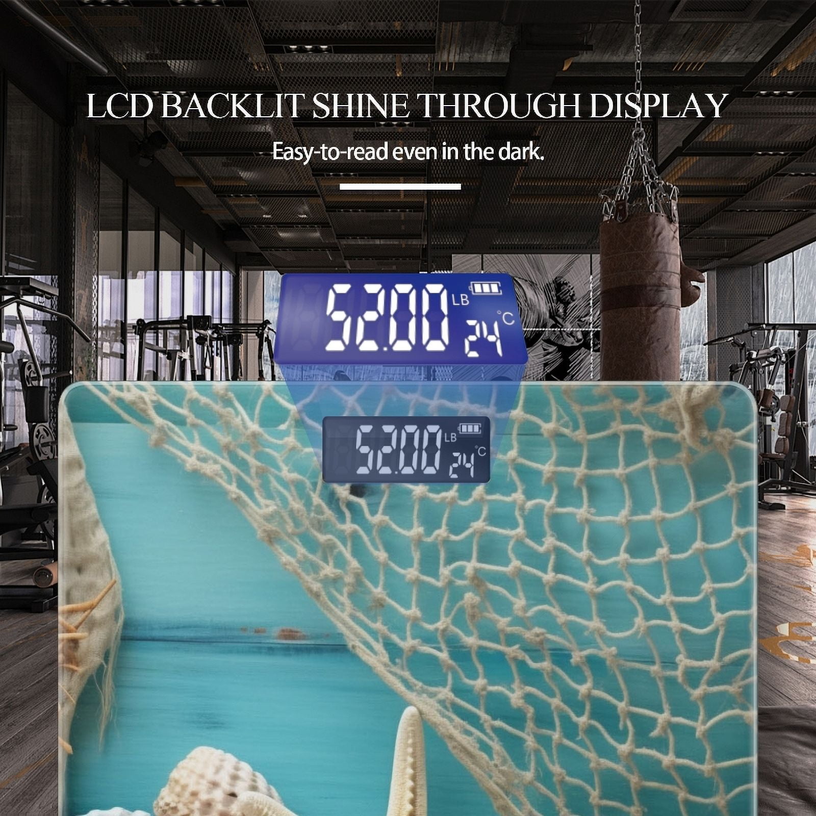 Bathroom Scale, Highly Accurate Digital Body Scale,Precisely Measures Weight up to 400 lbs-Blue Wooden Background With White Fishing Nets And Sand