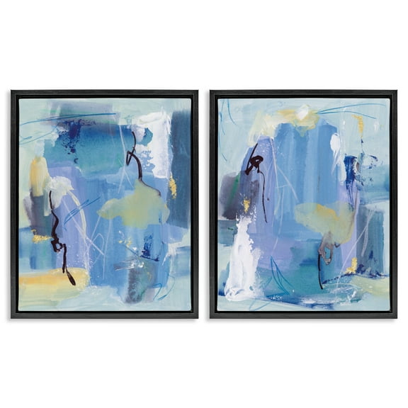Stupell Industries Blue Abstract with Yellow Abstract Painting Black Floater Framed Canvas Art Print Wall Art, 17 x 21, Set of 2