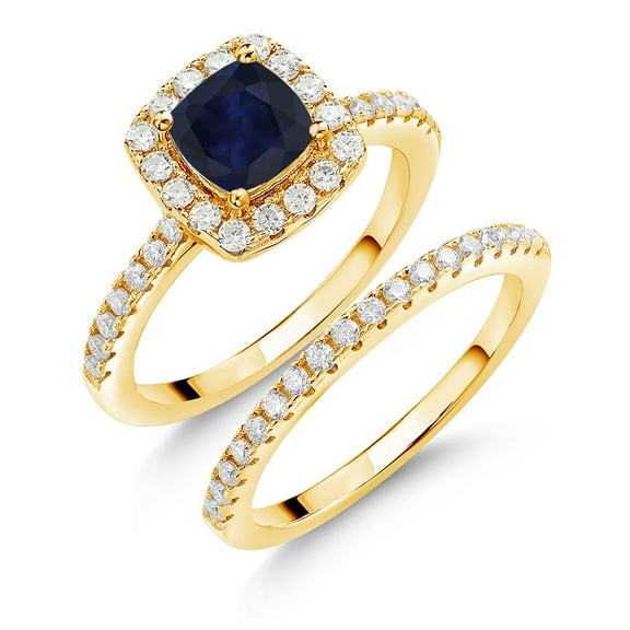 Gem Stone King 18K Yellow Gold Plated Silver Wedding Engagement Ring Band Bridal Cushion Blue Sapphire and Moissanite (1.82 Cttw, Gemstone Birthstone, Available in Size 5, 6, 7, 8, 9)