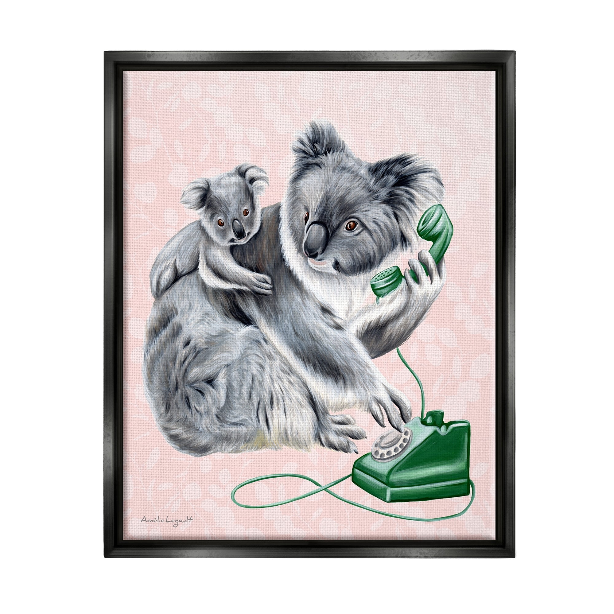 Stupell Industries Koala & Baby Green Rotary Phone Vintage Botanicals Graphic Art Metallic Gold Floating Framed Canvas Print Wall Art, Design by Amelie Legault