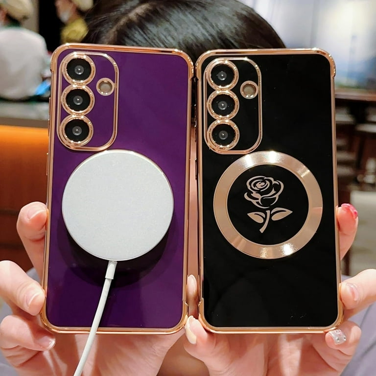 For Samsung Galaxy S23 FE Magnetic Phone Case Compatible With MagSafe Cute Rose Flower Case For Women Luxury Plating Camera Lens Cover Soft Silicone S23 FE Shockproof Case 6.4" (Pink