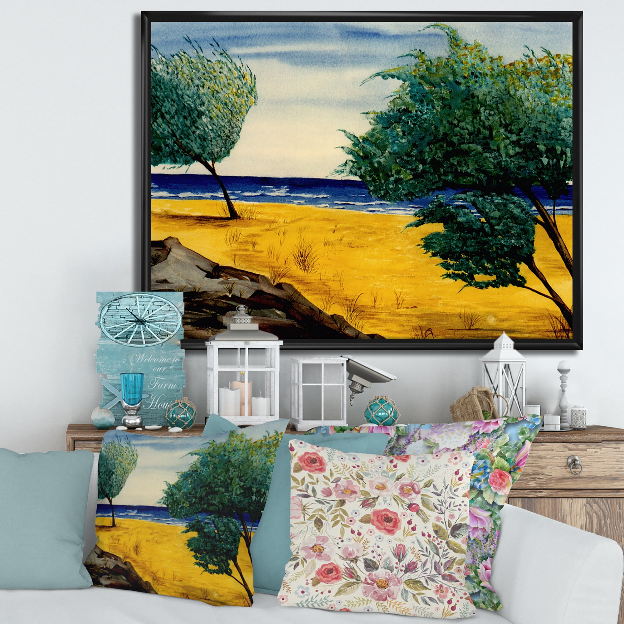 Designart 'Blue Beach By The Coastline' Nautical & Coastal Framed Canvas Wall Art Print