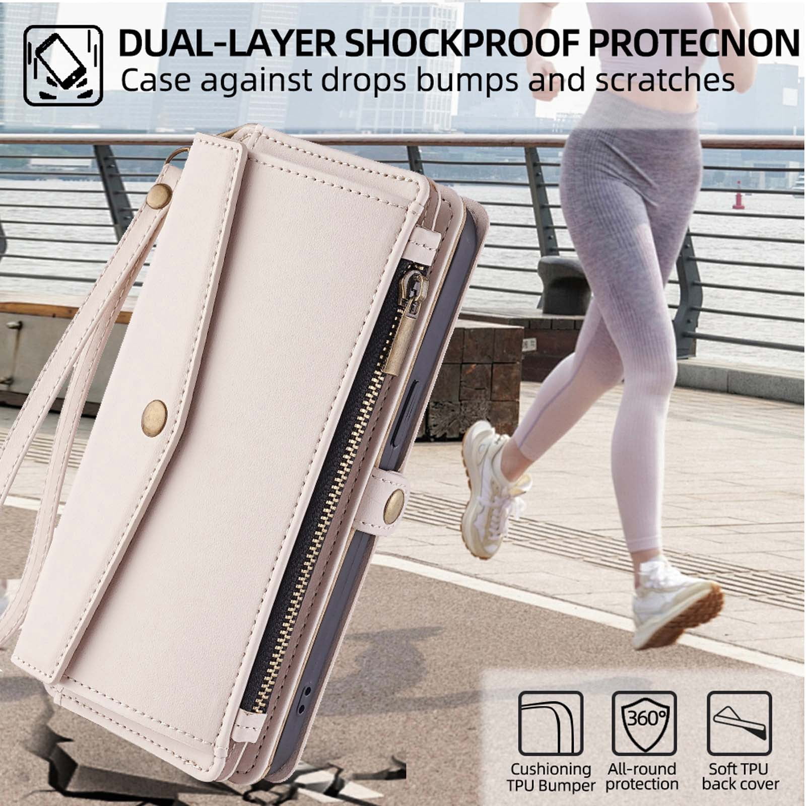 Compatible with Google Pixel 9 / 9 Pro Crossbody Wallet Case,Flip Folding Kickstand,With Card Slots,Long Strap&Short Strap,Zipper Pocket,Shockproof Heavy Duty PU Leather Phone Case,White