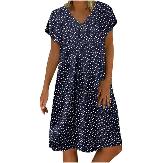 Summer Dress Saving! Women's Casual Plus Size V-Neck Printing Biscuits Loose Casual Short Sleeve Dress Dark Blue XXL