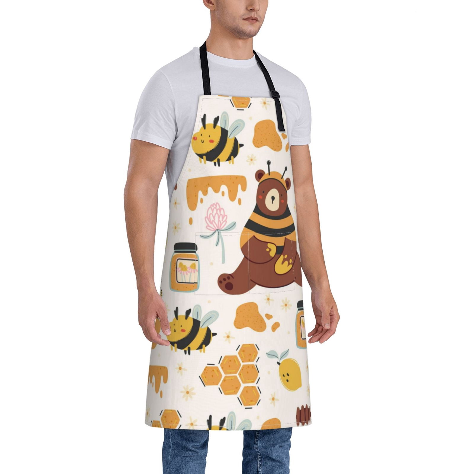 Kdxio Cute Bee Honey Jar Hive Bear Apron with Pockets Adjustable Kitchen Aprons for Men Women Waterproof Aprons for Cooking,Drawing,Crafting, Baking Household Cleaning