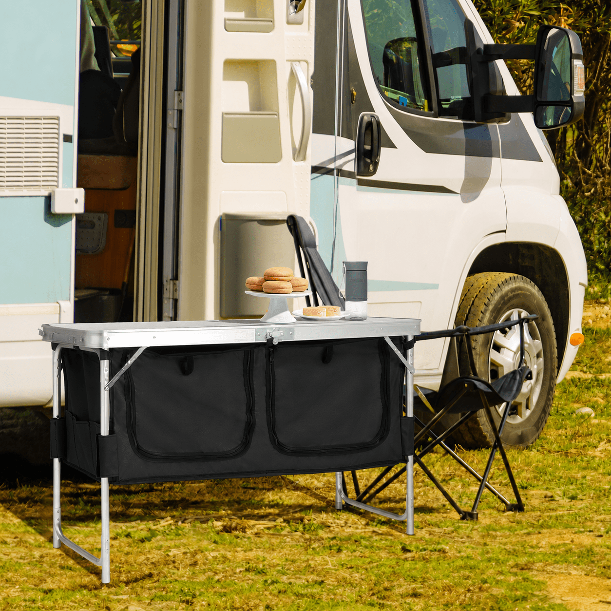 4FT Portable Folding Camping Table with Storage, Aluminum Outdoor Cooking Station with 2 Adjustable Legs, Black