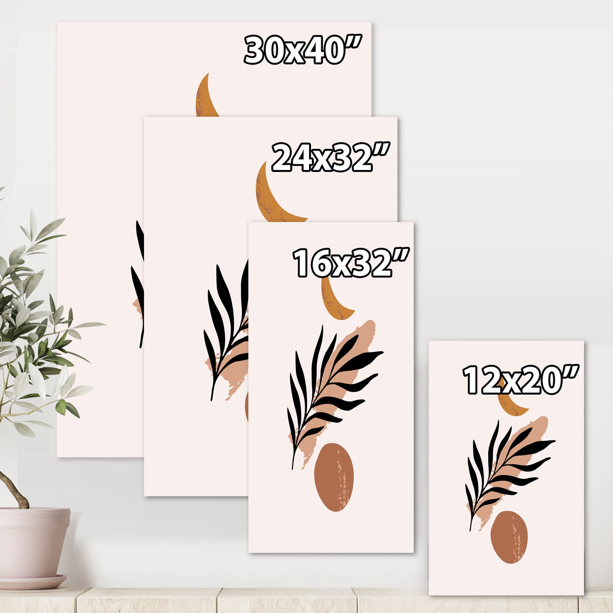 Abstact Tropical Palm Leaf, Minimal Sun And Moon I 8 in x 12 in Painting Canvas Art Print, by Designart