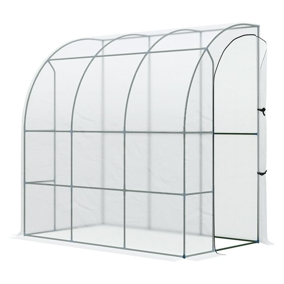 7' x 4' x 7' Outdoor Lean to Greenhouse, Walk-In Green House Plant with Roll-up Window, PE Cover, White
