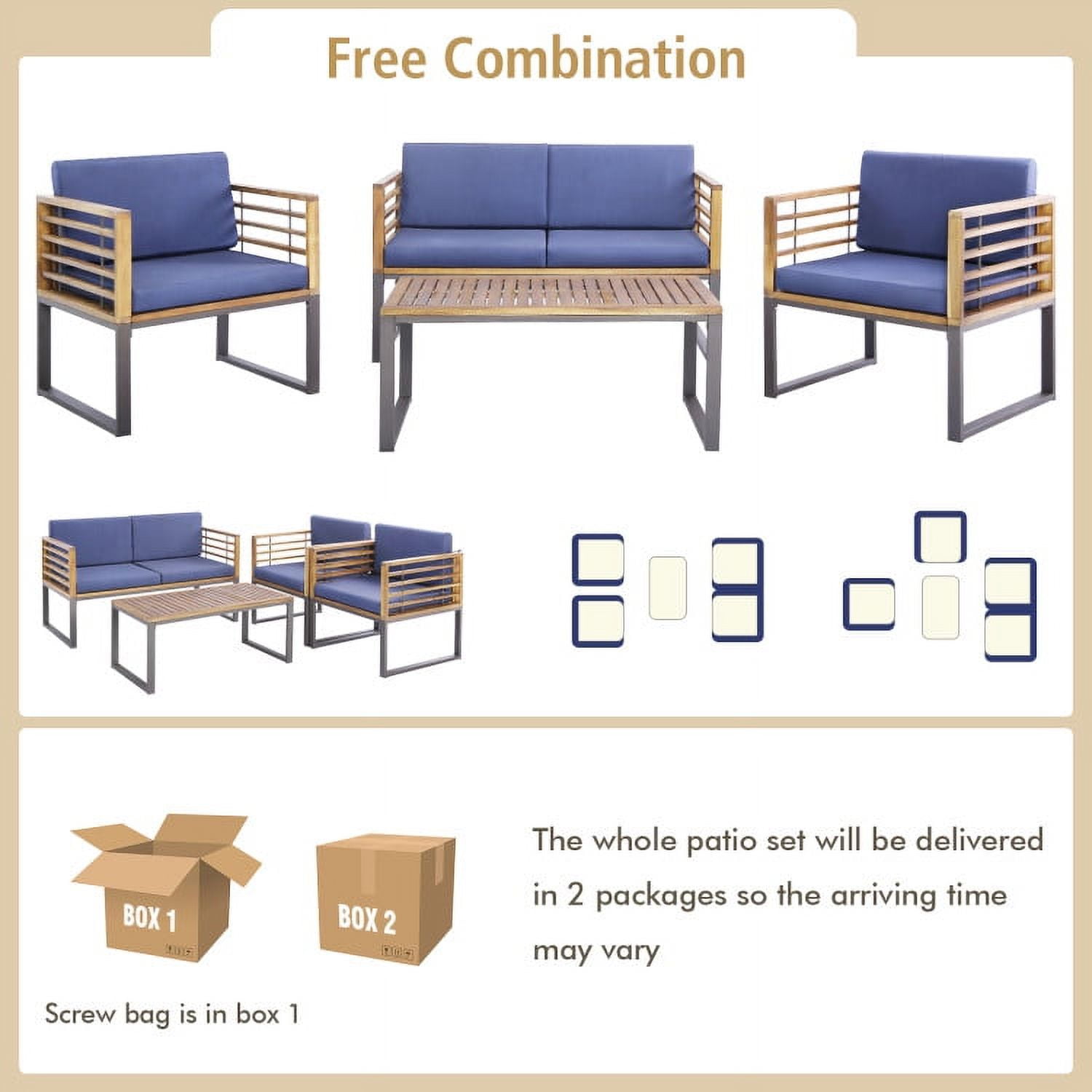 Aimee Lii 4 Pieces Patio Acacia Wood Conversation Set with Coffee Table, Patio Table and Chairs Set, Outdoor Patio Set, Navy Aimee Lii 4 Pieces Patio Acacia Wood Conversation Set with Coffee Table, Patio Table and Chairs Set, Outdoor Patio Set, Navy