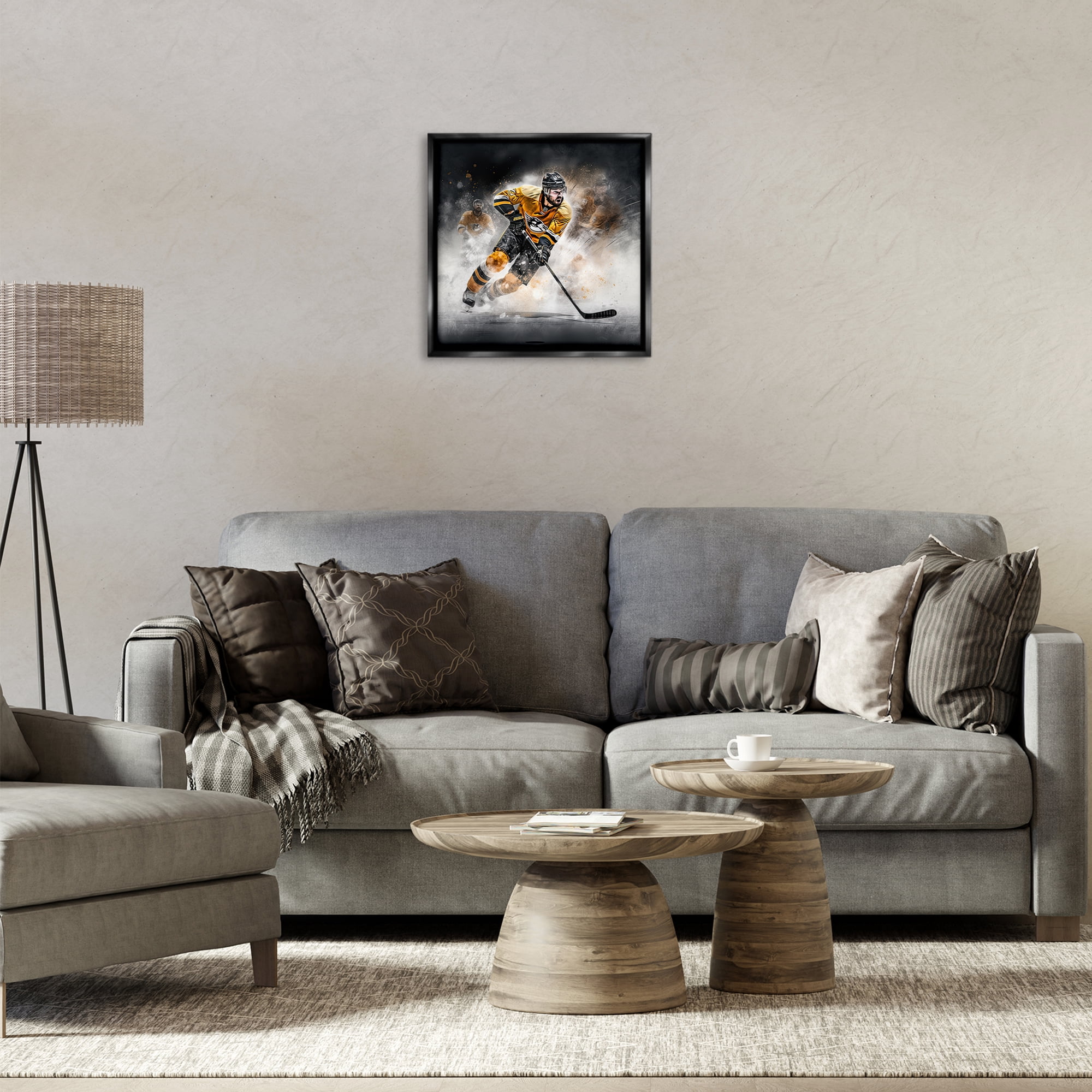 Stupell Industries Hockey Player Athlete People Painting Black Floater Framed Canvas Art Print Wall Art, 18 x 18