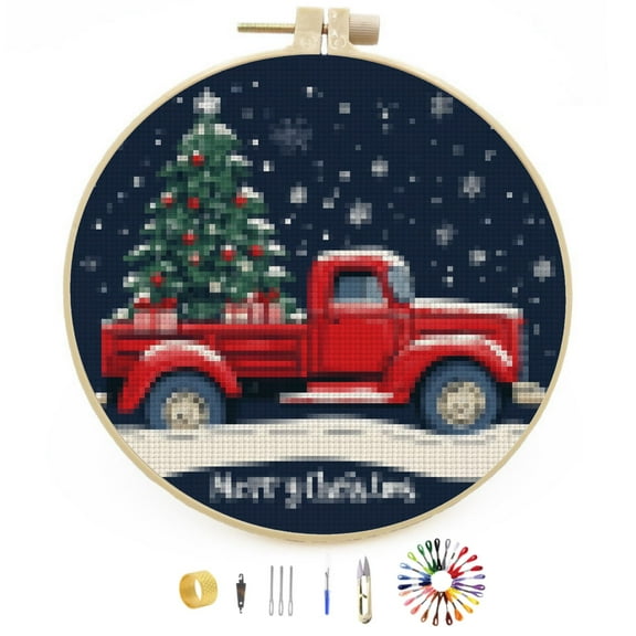 Merry Christmas Red Truck and Tree DIY Stamped Cross Stitch Kits Easy for Beginners with Hoop 11CT Counted Embroidery Needlepoint Crafts Arts for Handmade Enthusiasts and Home Decor 30x30cm(20)