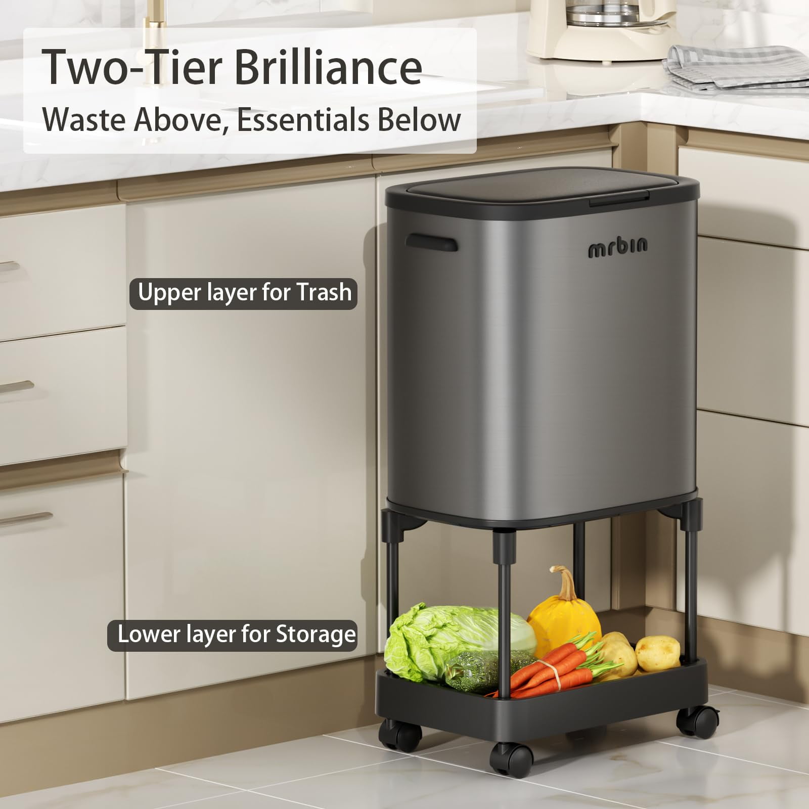 MRBIN Stainless Steel Tall Kitchen Trash Can with Shelf and Wheels, High Legs 36L / 9.5gal Press Top Narrow Waste Basket, Slim Lidded Litter Garbage Bin Pet Proof for Vanity, Bedroom, Eclipse Grey