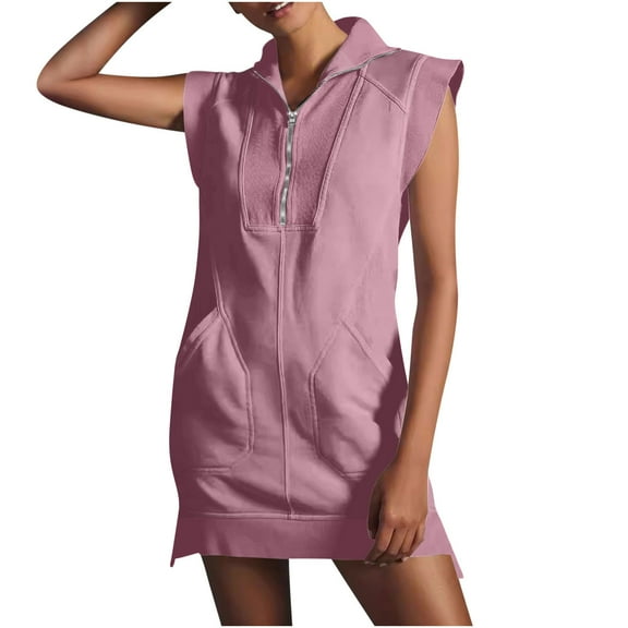Gmdeguo Womenโs Sleeveless Sweatshirt Dress Half Zip V Neck Pullover Tunic Mini Dress Summer Workout Dresses Pockets