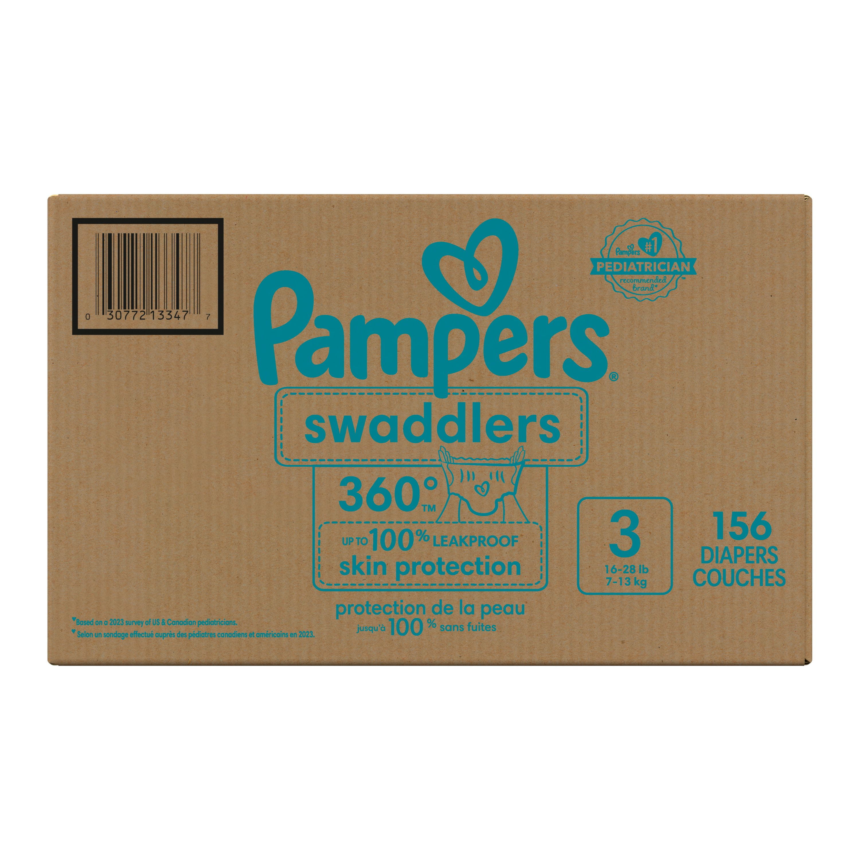 Couches Pampers Swaddlers 360°, ajustement confortable et au sec, jusqu’à 100 % sans fuites, rabats rapides, conçues pour faciliter les changements, couches à enfiler, taille 3