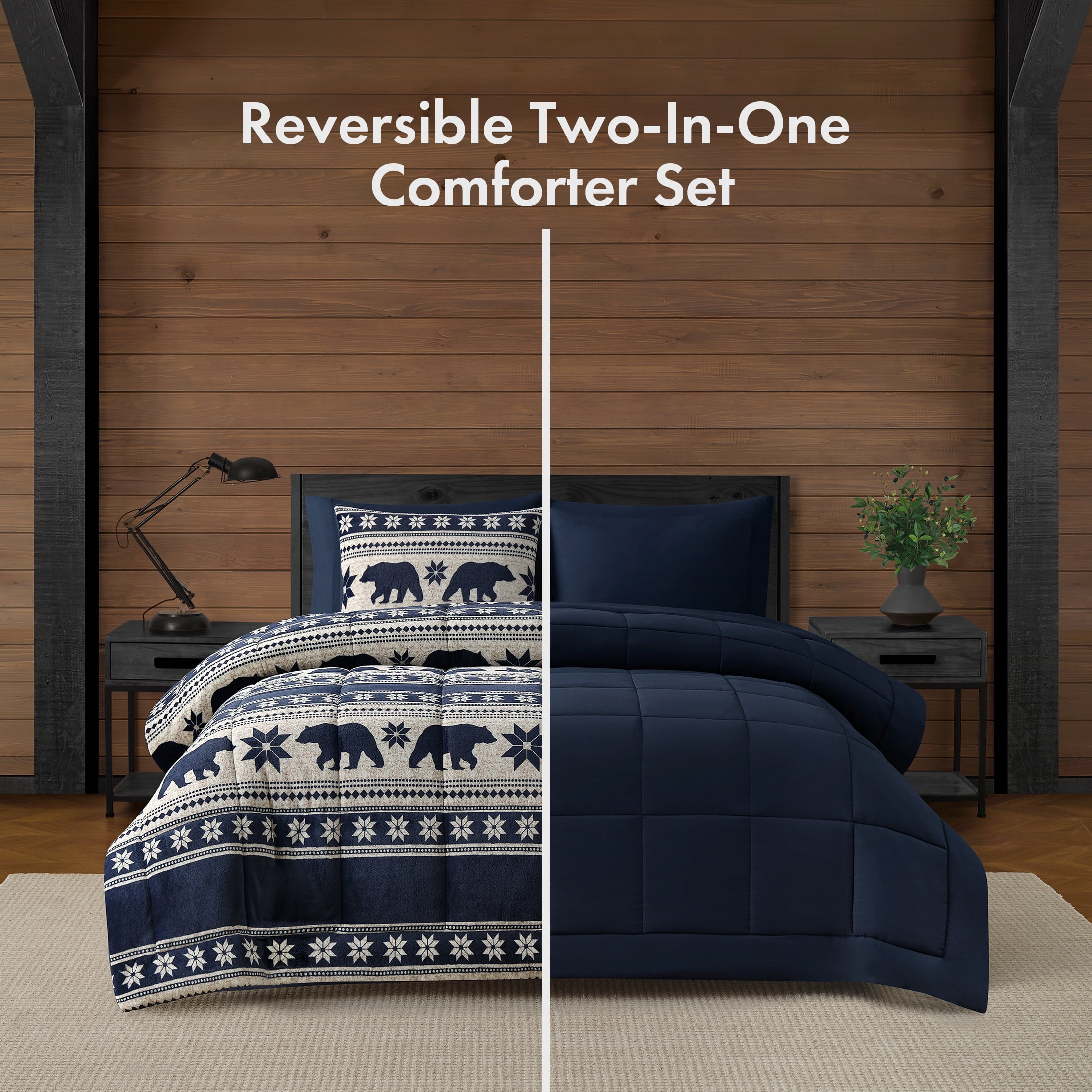 Pawz 3-Piece Fleece Comforter Set with Pillow Shams, Soft and Warm, Navy Blue Bears, King