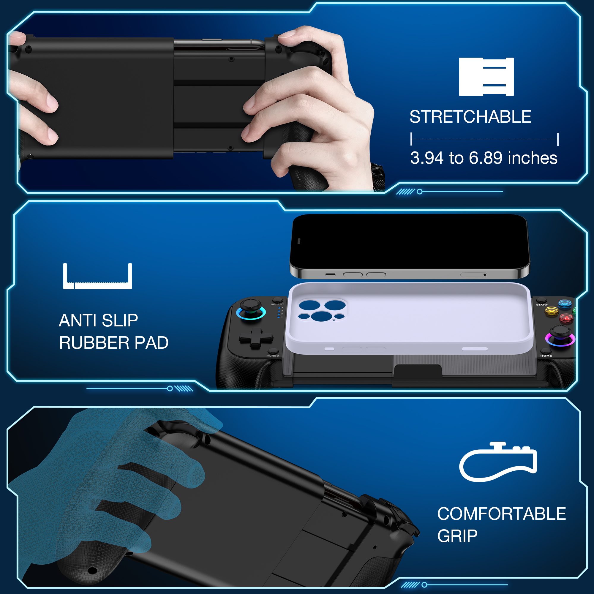 Beboncool Controlador de Juegos Móvil Inalámbrico Extensible para iOS Android, Joystick de Efecto Hall, Luz RGB, Turbo, Doble Vibración, Batería de 8H 8