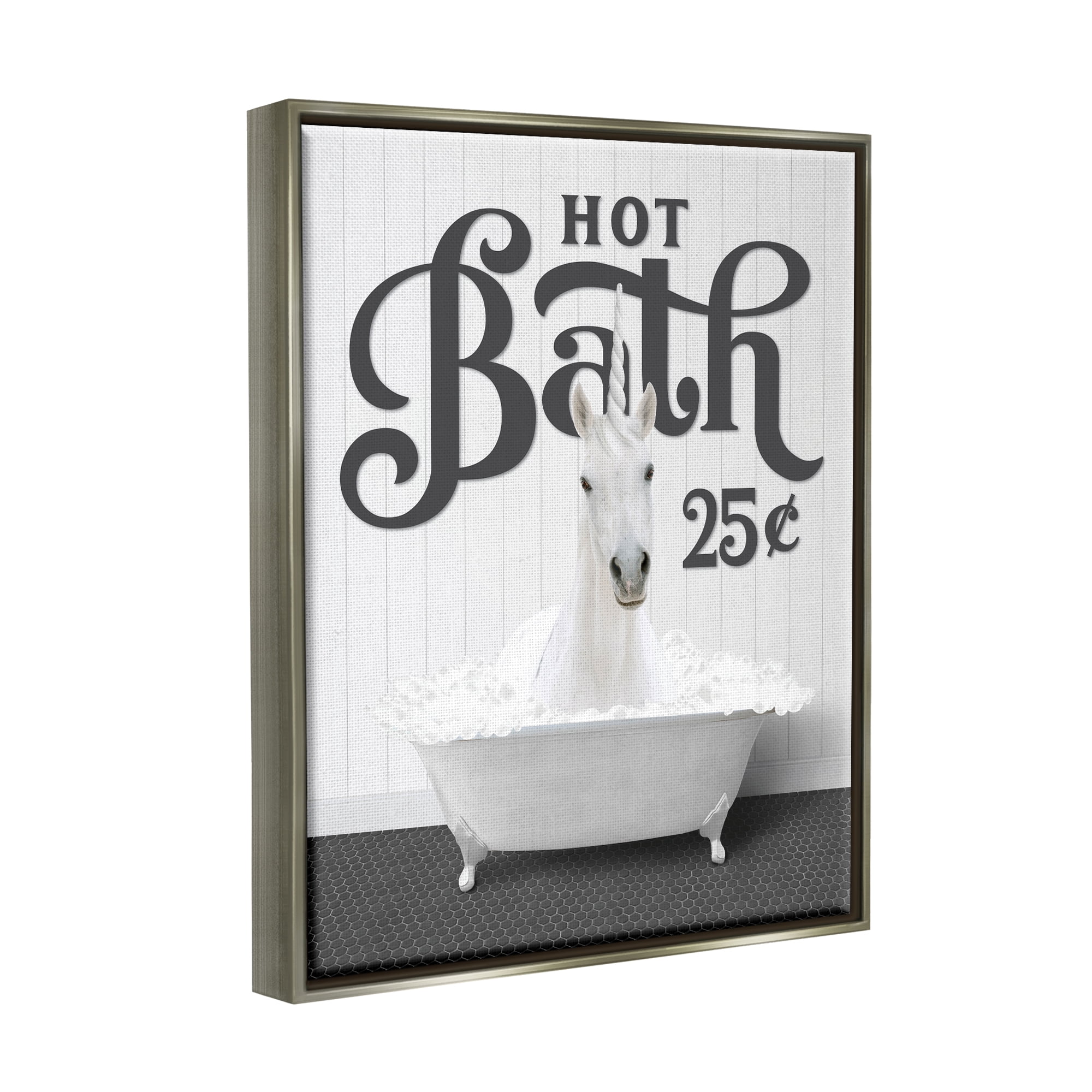 Stupell Industries Vintage Hot Bath Unicorn Animals & Insects Painting Gray Floater Framed Art Print Wall Art, 17 x 21