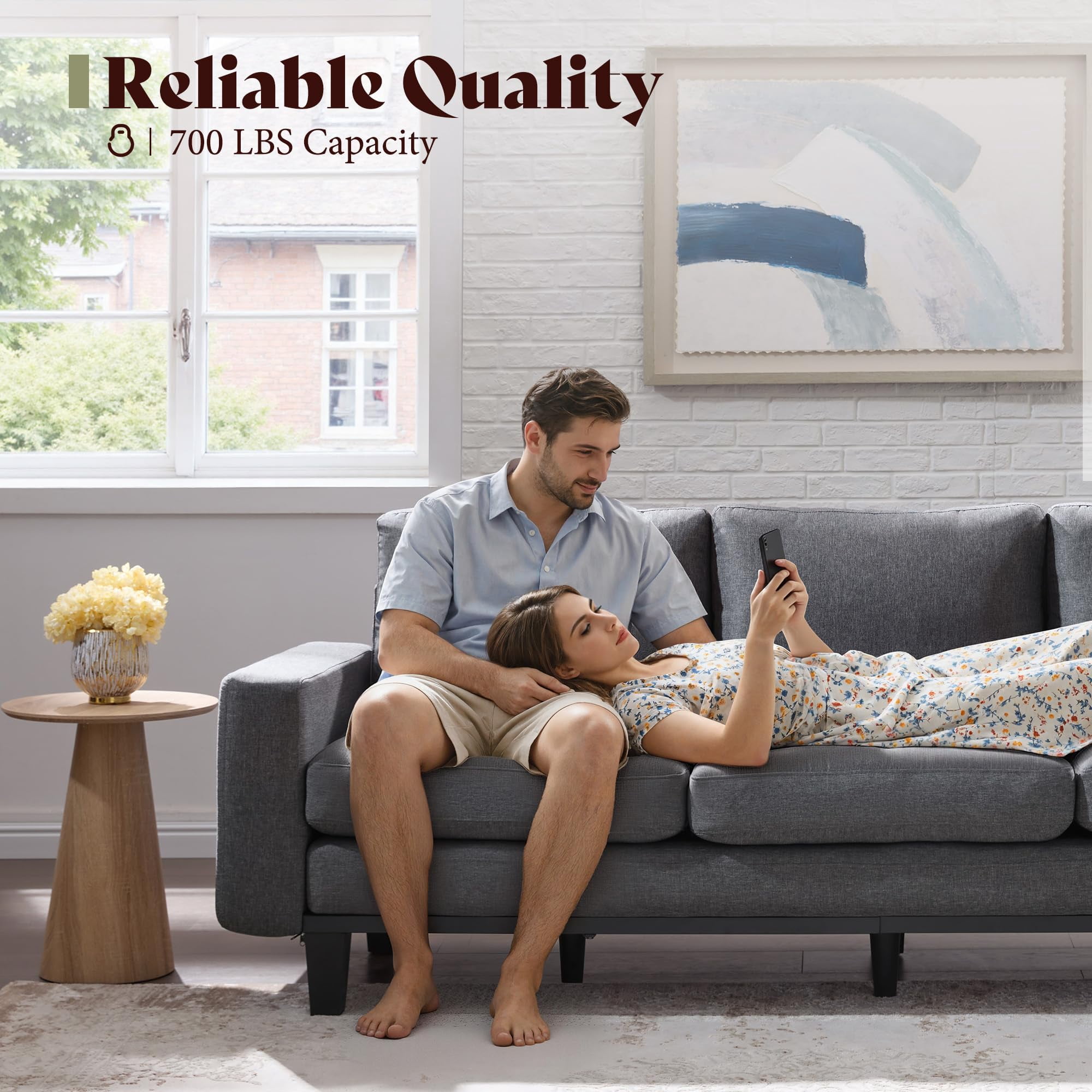 VanAcc 74.8" 3 Seater Sofa with 22" Deep Seat, Grey Couch for Living Room, Full Metal Support, for Bedroom & Apartment, Grey Chenille