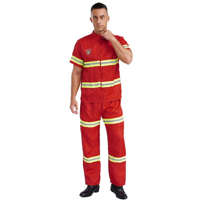 Sxiwei Men Firefighter Fireman Costume Set Reflective Stripes Workwear Adult Fancy Cosplay Outfits Red 190