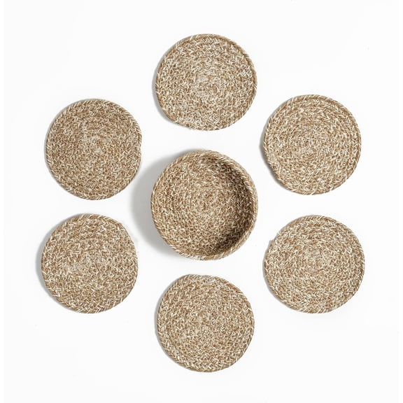 Coasters Set of 6 for Drinks, Cotton Woven Absorbent Coasters with Holder, Boho Style Tabletop Protection for Coffee, Beer & Cups (Light Brown)