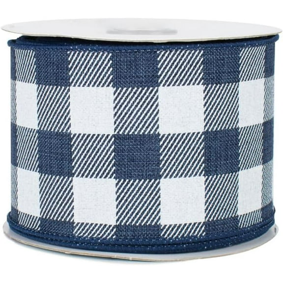 Navy Blue and White Plaid Wired Ribbon - 2 1/2 Inch x 10 Yards, Easter, Wreath, Memorial Day, 4th of July, Fall, Christmas