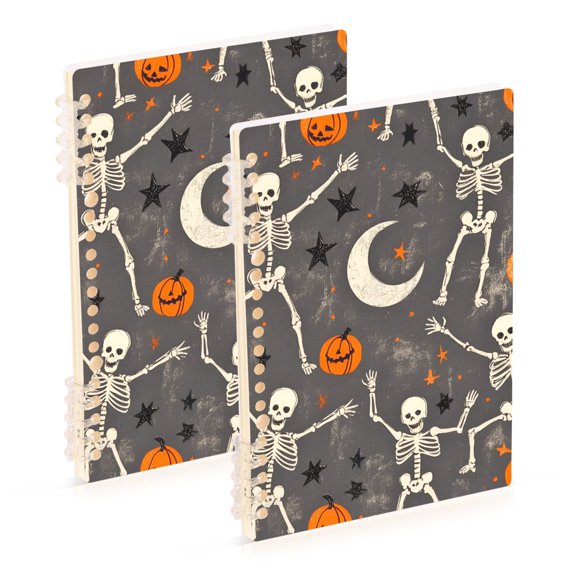 FORMRS 1-Subject Spiral Notebook 8" x 5" College Ruled 60 Refillable Sheet A5 Hard Cover, 2 Pack, Gray Halloween Skeleton