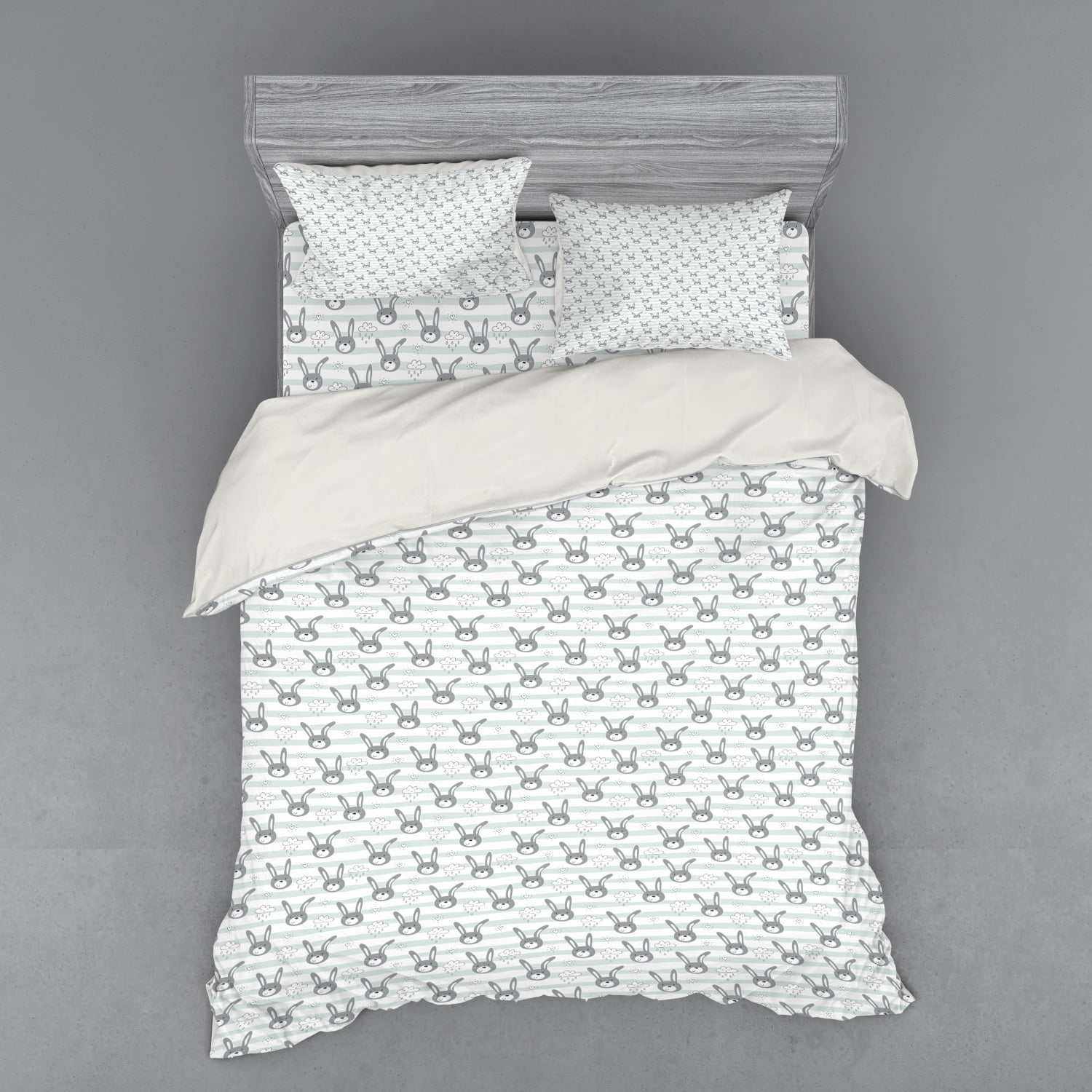 Nursery Duvet Cover Set, Bunnies with Lopsided Ears and Happy Clouds