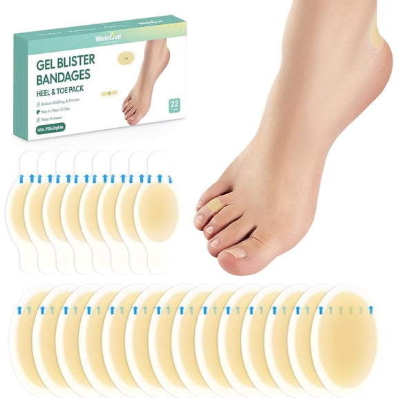 Welnove Gel Blister Bandages, 22 Pack Hydrocolloid Bandages for Feet, Water Resistant Blister Cushions, Blister Pads for Blister Prevention & Recovery - Variety Pack
