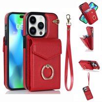 TECH CIRCLE Wallet Case for iPhone 14 Pro, PU Leather Case with Card Holder 360°Rotation Ring Kickstand Protective Wrist Strap Case for Apple iPhone 14 Pro 6.1 inch, Red