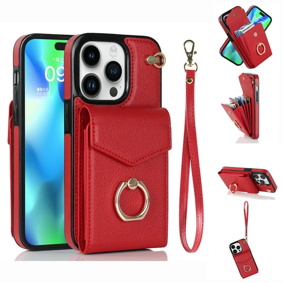 Mantto Wallet Case for iPhone 11 Pro Max with Kickstand Rotated Finger Ring Holder Bracket Case, PU Leather Card Slots Magnetic Case with RFID Blocking Protective Shockproof Wrist Strap Case,Red