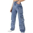 thumbnail image 7 of Women's Plus Size Jeans Zipper Multi-bag High-waisted Straight-leg Cargo Trousers Loose Boyfriends Jeans Denim Pants Blue,10, 7 of 7