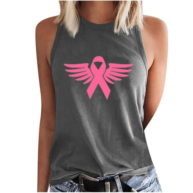 Chandails de Sensibilisation au Cancer du Sein pour Femmes, Col Ras du Cou, Blouse Basique Imprimée Sans Manches, Débardeur Décontracté d'Été pour l'Entraînement