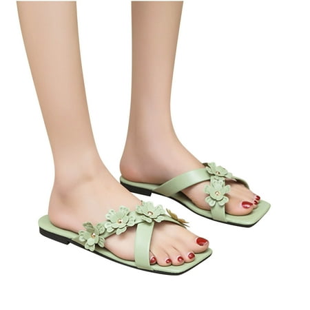

2023 Slide Sandals Women Girls Dressy Low Wedge Sandal Summer Beach Cute Slip on Slippers Boho Glitter Open Toe Flat Sandals