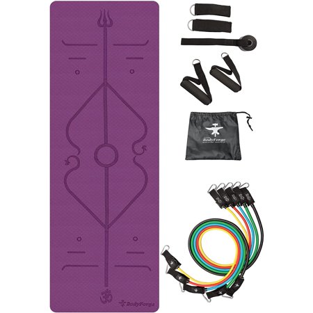 BodyForge Exercise Yoga Mat (Purple/Pink) & Latex Tube Bands Set Bundle…