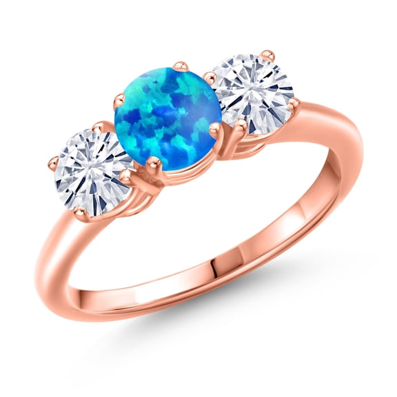 Gem Stone King 18K Rose Gold Plated Silver Simulated Blue Opal and White Moissanite Engagement Ring for Women | 1.30 Cttw | Round Cabochon 6MM | Gemstone October Birthstone | Size 8