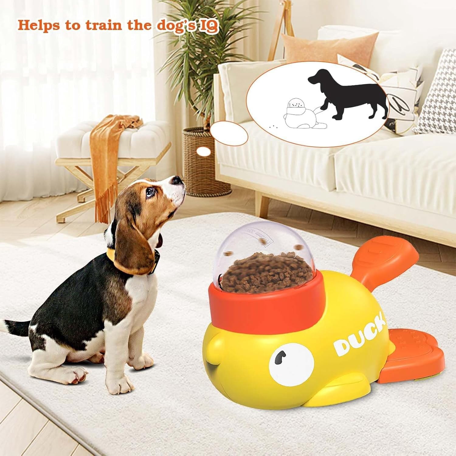 Duck Treat Dispenser, Feeder Puzzle Toy Duck with Button and 3 Challenge Lids, Anti-Gulping IQ Training Bowl for Dogs & Cats