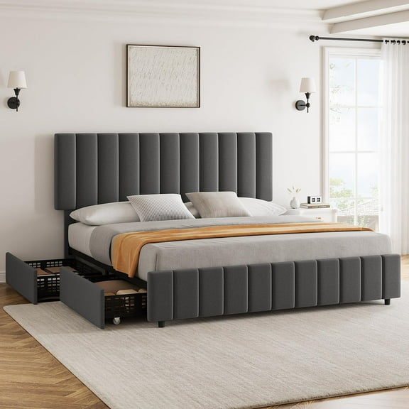 Danolapsi Full Linen Upholstered Platform Bed Frame with 4 Storage Drawers, Adjustable Headboard, Wooden Slats Support, No Box Spring Needed
