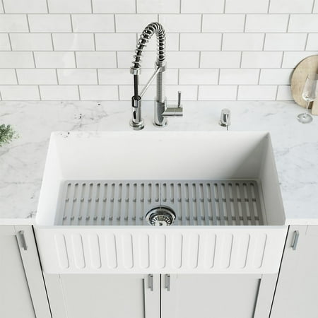 VIGO Matte Stone White Composite 33 in. Single Bowl Slotted Farmhouse Kitchen Sink with Accessories and Faucet in Chrome