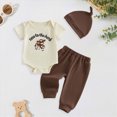 thumbnail image 2 of KPOPLK Baby Boy Outfit Newborn Summer Spring Clothes Infant Short Sleeve Romper Pants and Hat 3Pcs(6-12 Months,Coffee), 2 of 7