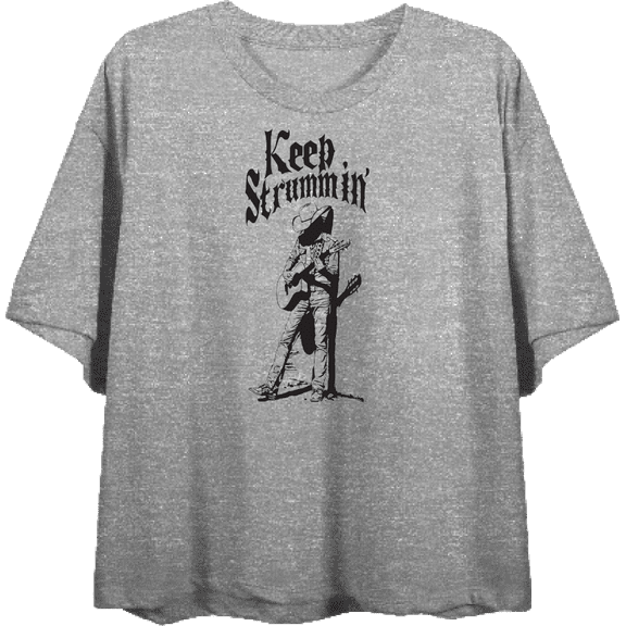 Keep Strummin' Cowboy Americana Women's Heather Gray Crew Neck Short Sleeve Crop Top-Medium