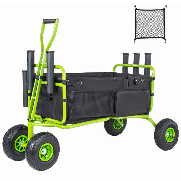 Fishing Cart Beach Cart Collapsible Wagon 9.85'' All-Terrain Wheels For Sand, Heavy Duty Garden Cart With Rod Holders,Umbrella Holder And Storage Pockets, 550lb Large Capacity, Green Black