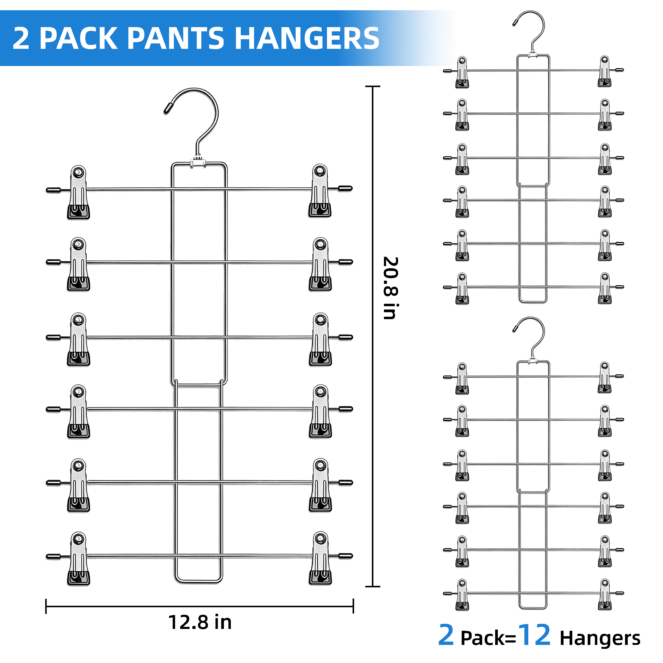 GARITIN 2 Pack Pants Hangers, 6 Tier Skirt Hangers with Non Slip Clips, Foldable Metal Clothes Hanger Organizer for Closet
