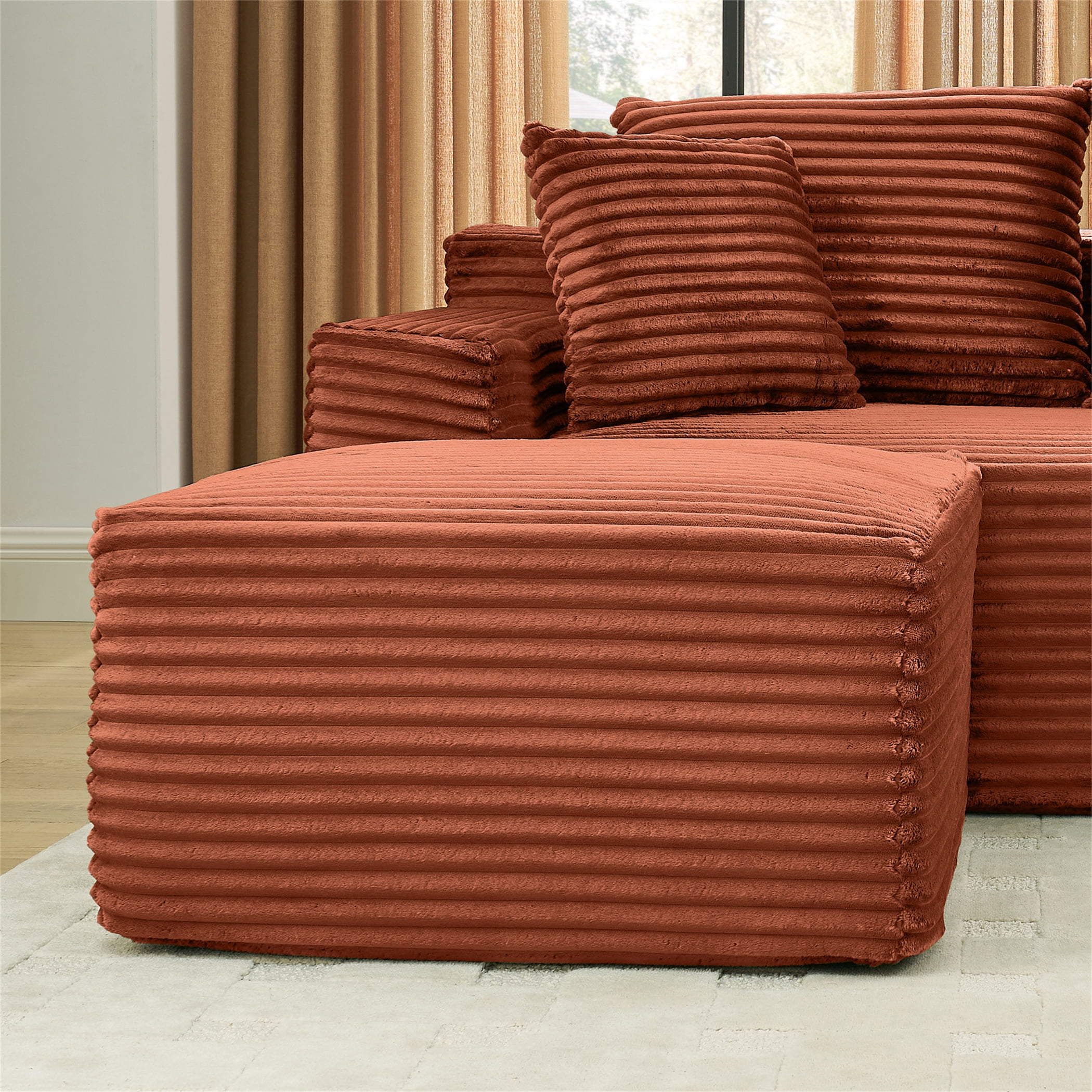 Aukfa 115" Cloud Sectional Sofa U Shape Modular Boneless Couch for Living Room, 2 Ottoman&Pillows, Corduroy, Orange
