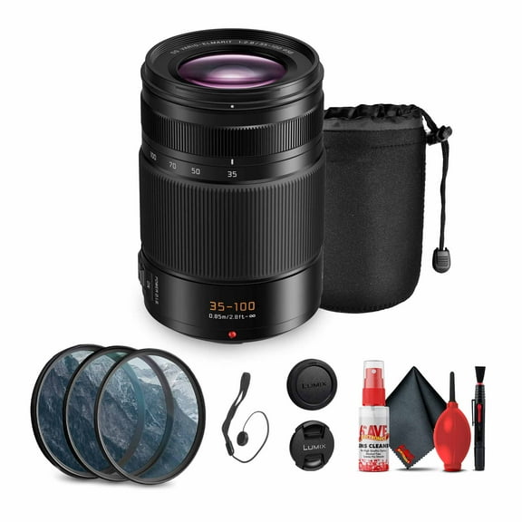 Panasonic Leica DG Vario-Elmarit 35-100mm f/2.8 Lens (H-ES35100) Bundle Including: 3-Piece Filter Kit, Lens Caps, Lens Pouch, Cap Keeper, Full Cleaning Kit