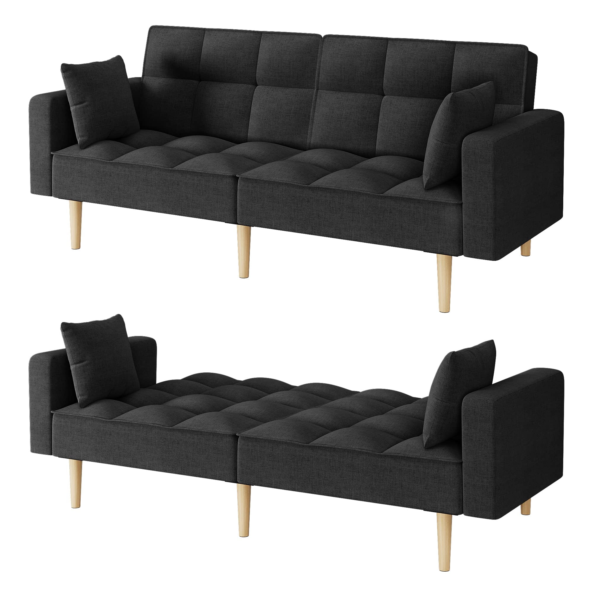 Black Linen Couch Sofa Convertible Sofas, Modern Linen Upholstered Futons Couch Bed with 2