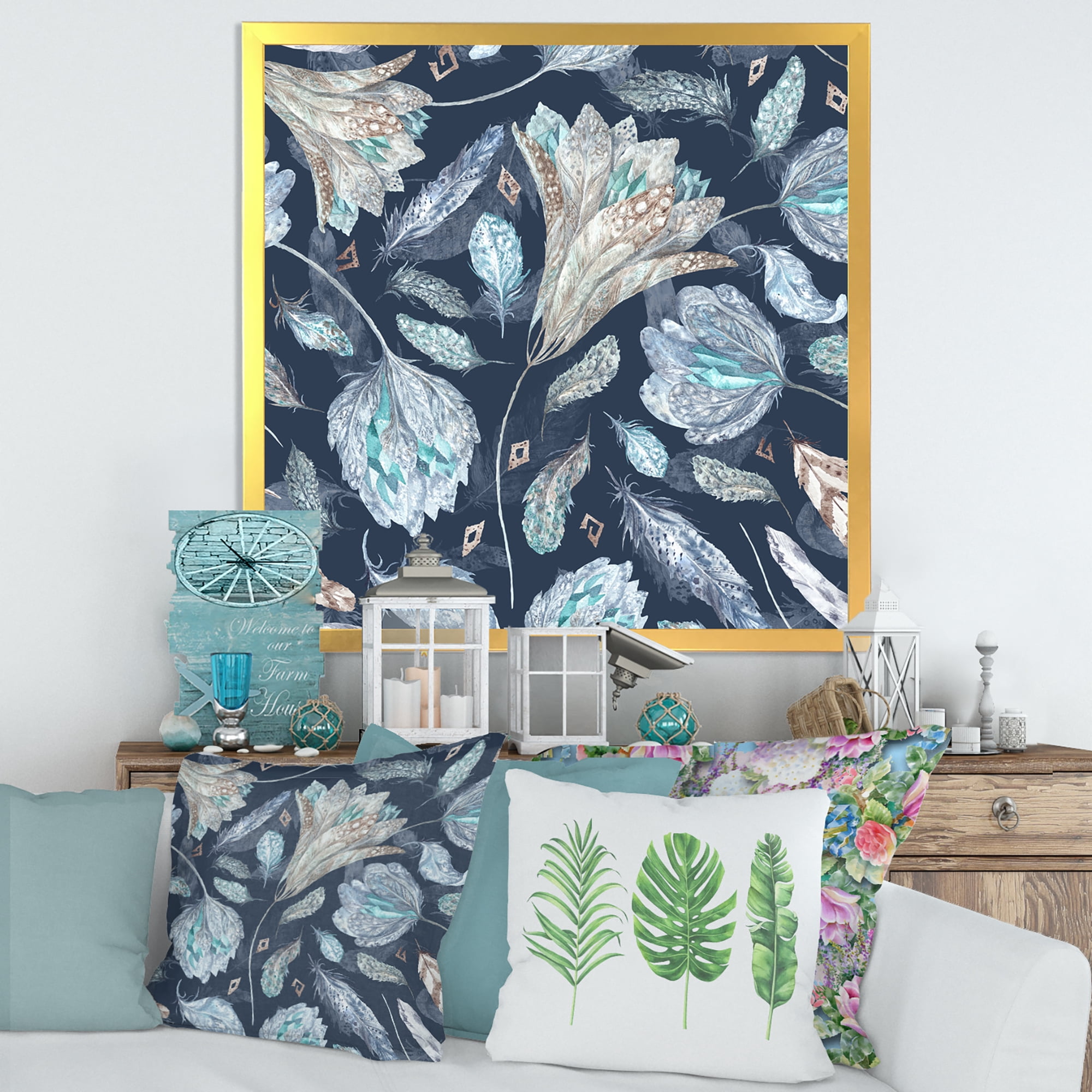 Designart 'Navy Blue Botanical Pattern With Feathers' Traditional Framed Art Print