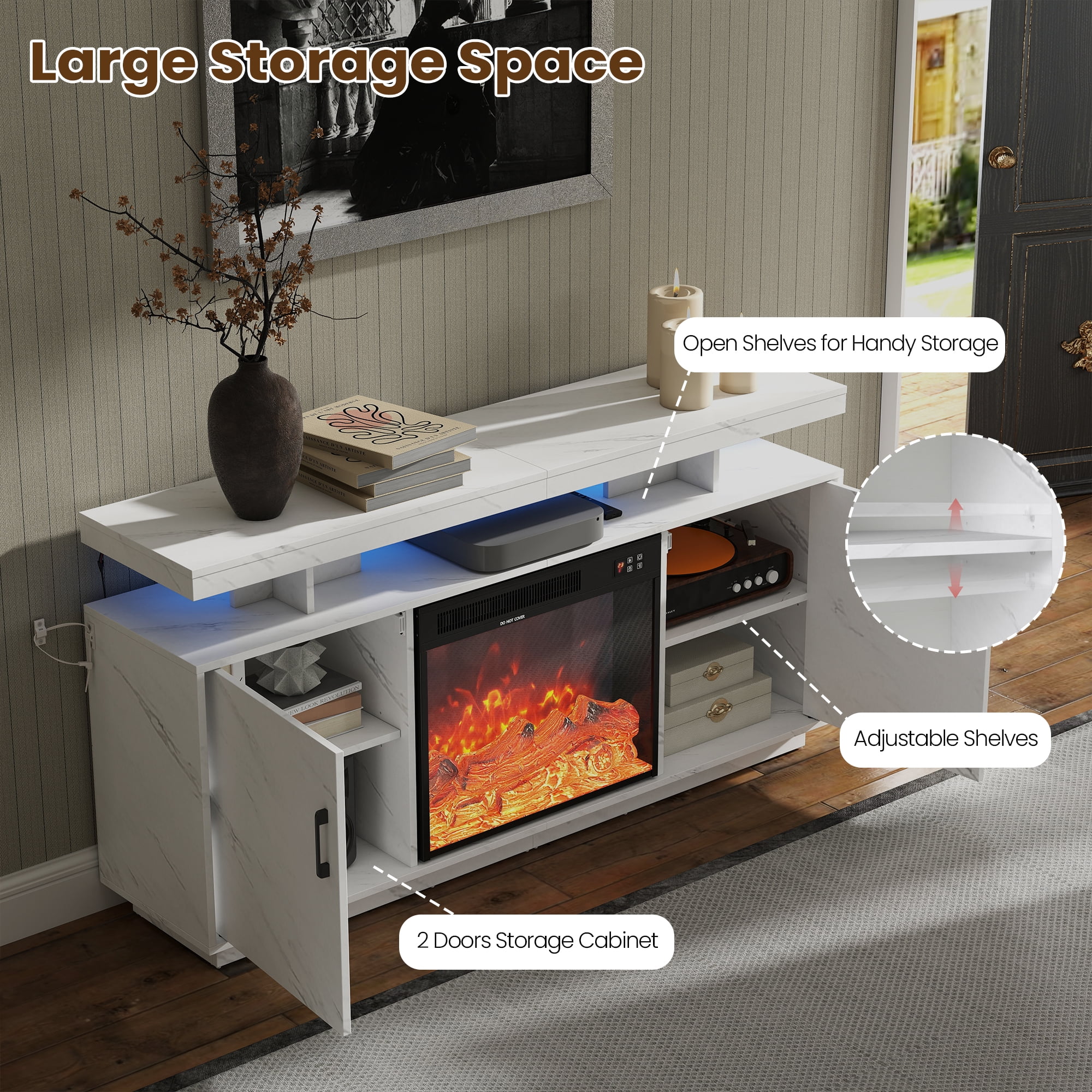 Manxile Fireplace TV Stand with 22.5" Electric Fireplace Up to 70" TVs, Modern Wood Media TV Console with Cabinet, White