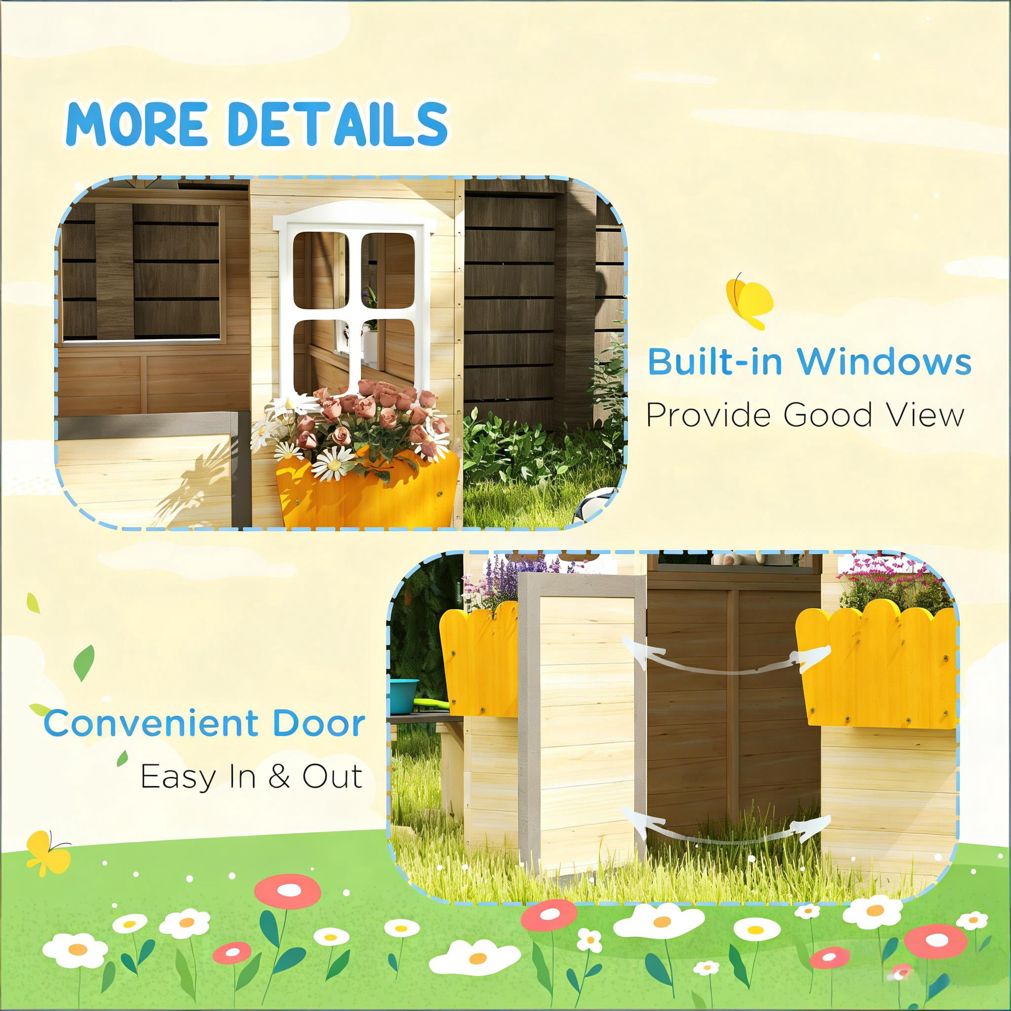 Kids Wooden Outdoor Playhouse with Bench, Service Station & Flowerpot Holders, Fir Wood Play House with Half Door & Windows, Tilted Roof, for Ages 3–7