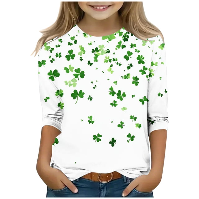 COM1950s Jour de la Saint-Patrick, Haut Décontracté en Forme de Cœur à Manches Trois-Quarts et Col Rond pour Enfants, Jour de la Saint-Patrick pour Enfants